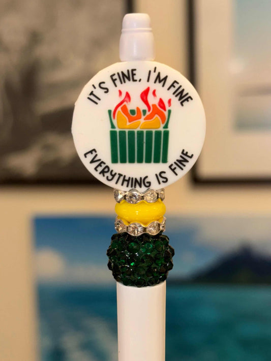 Dumpster Fire White Pen with silicone beads and rhinestones on plastic body