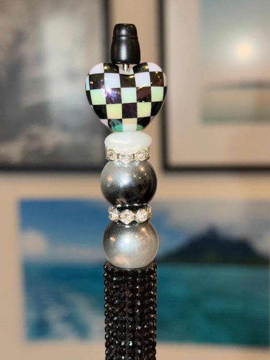 Black and White Checkered Heart Half Bling Pen decorated with colorful silicone beads, acrylic beads, and rhinestones