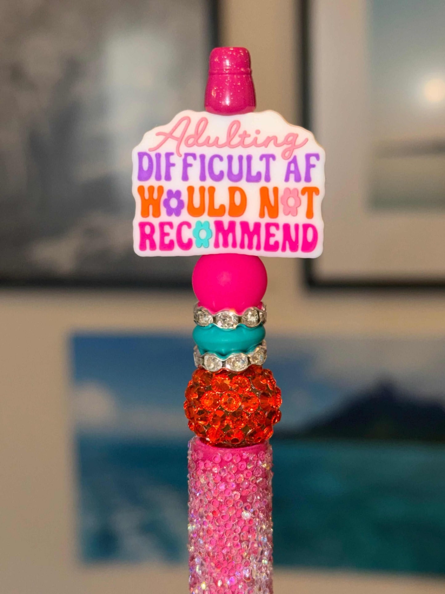 Pink Sugar Bead Pen with silicone and acrylic beads, rhinestones, refillable black ink