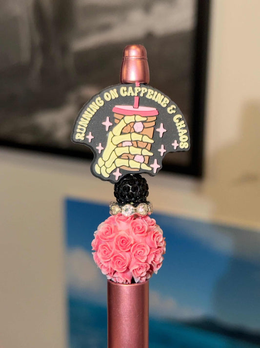 Dimoo Blue Mushroom Pop Bean pen decorated with rhinestones, silicone and acrylic beads, featuring smooth black ink and refillable cartridge