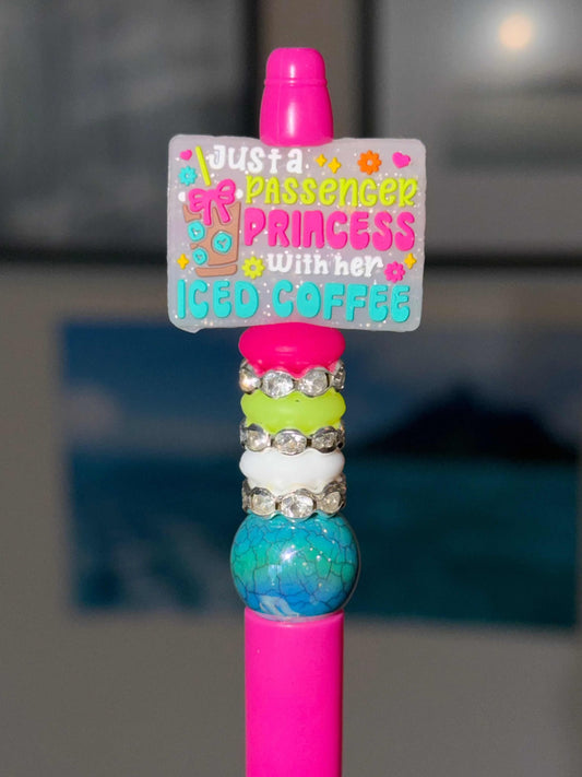 Passenger Princess Iced Coffee beaded pen with colorful charms and hot pink barrel
