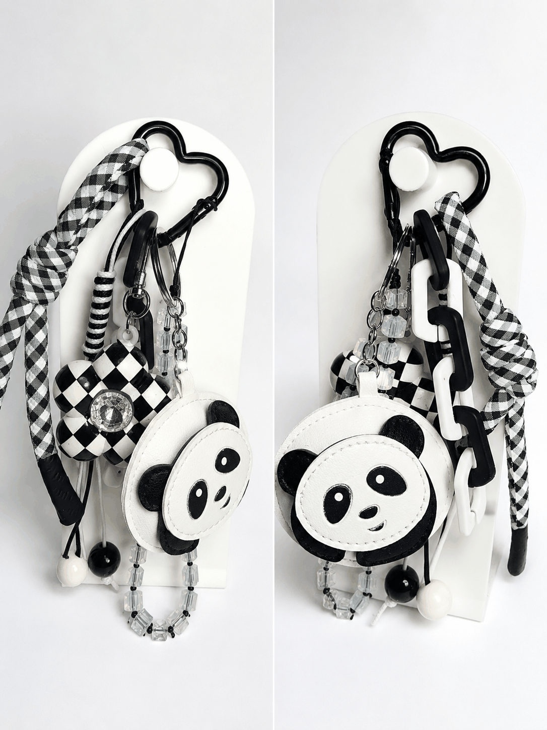 Black-and-white panda bag charm with checkered flower charm, crystal beads, heart carabiner, and gingham wristlet accent.