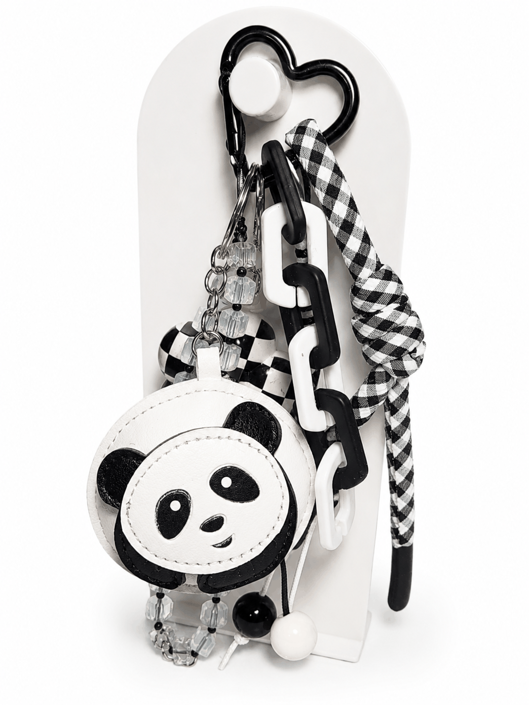 Panda Checkered Bag Charm with coin pouch, checkered flower, crystal beads, chunky chain, and heart carabiner accessory