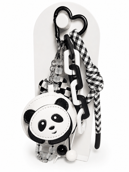 Panda Checkered Bag Charm with coin pouch, checkered flower, crystal beads, chunky chain, and heart carabiner accessory