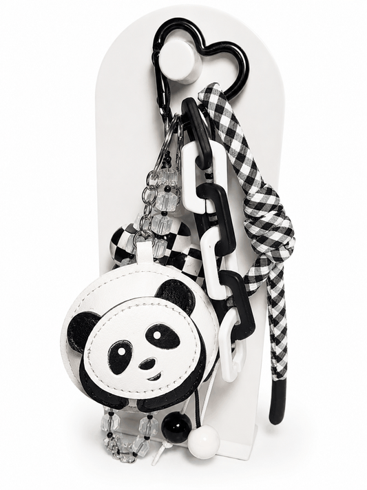 Panda Checkered Bag Charm with coin pouch, checkered flower, crystal beads, chunky chain, and heart carabiner accessory