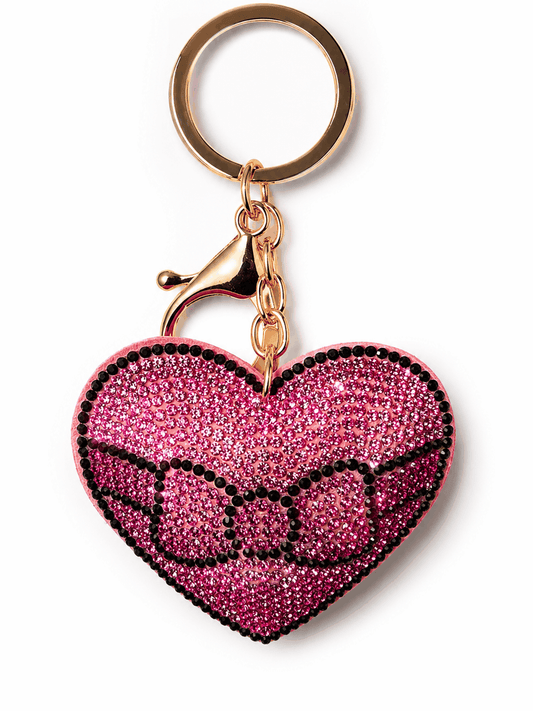 Pink rhinestone bow heart bag charm keychain with sparkling crystals for keys and bags