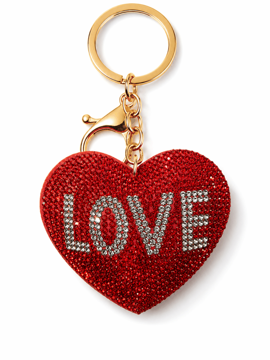 Rhinestone red and silver LOVE heart bag charm keychain with sparkling crystals