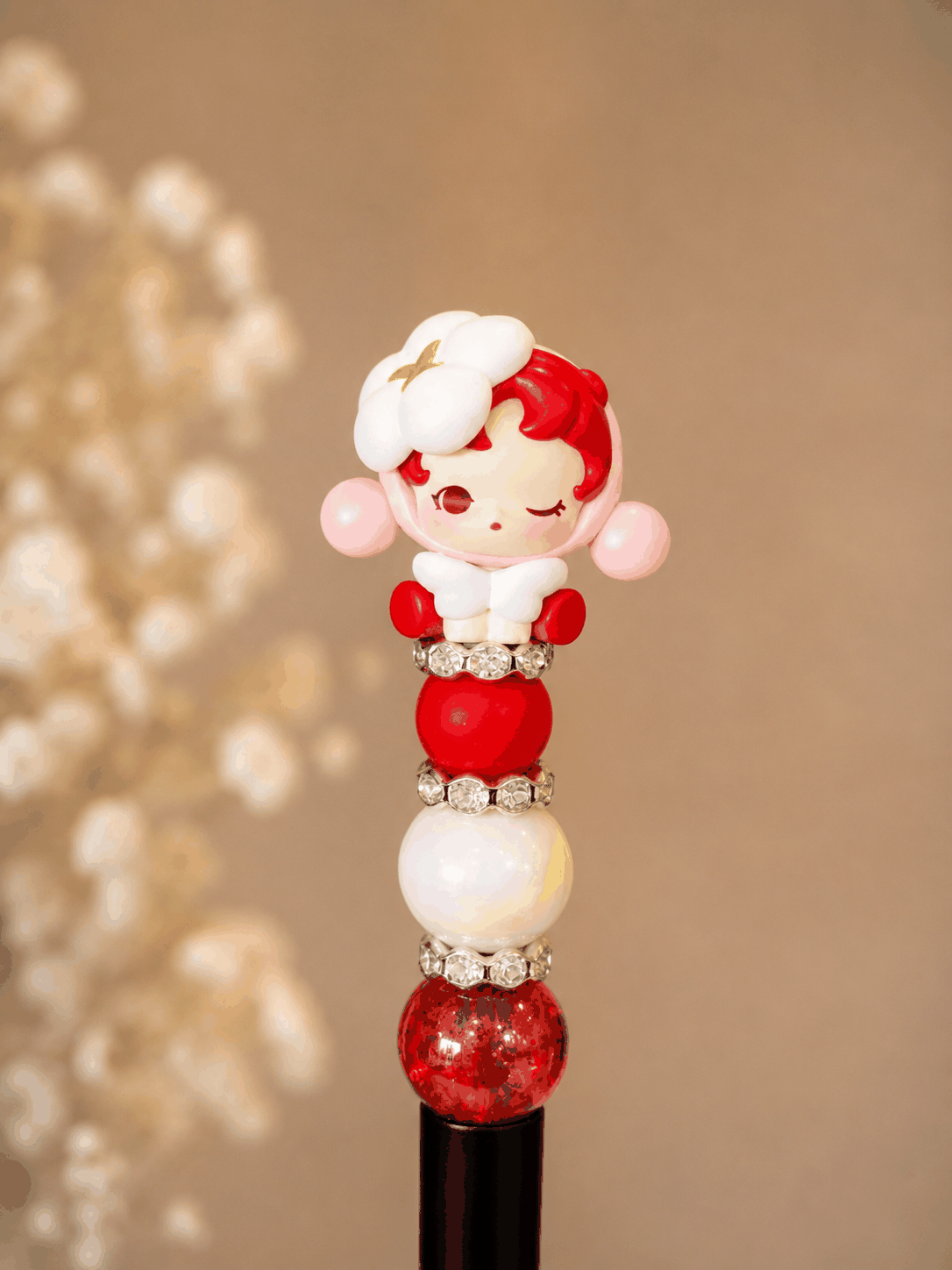 Handmade Skull Panda Pop Bean Beaded Pen with winking character topper and rhinestone accents