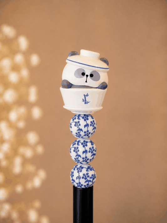 Handcrafted Mr. Pa Authentic Bean white and blue pen with panda tea cup topper and porcelain bead design