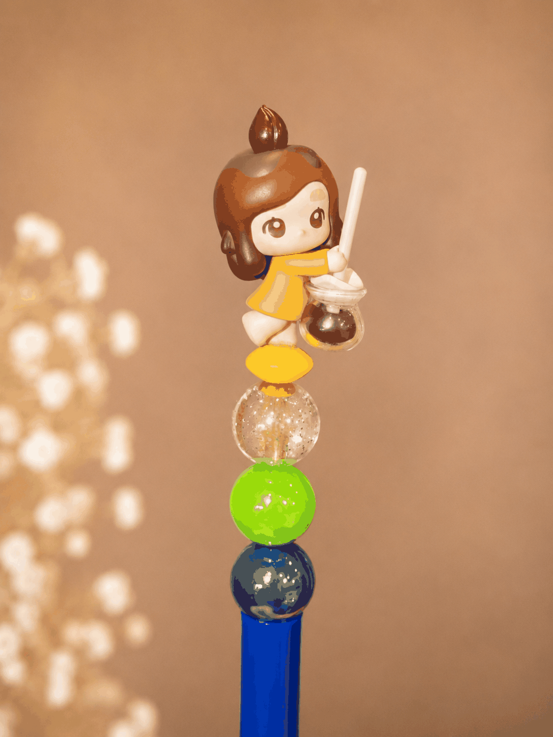 Authentic Chaka Coffee Pop Bean pen with collectible figure and coffee-themed beads on blue pen body