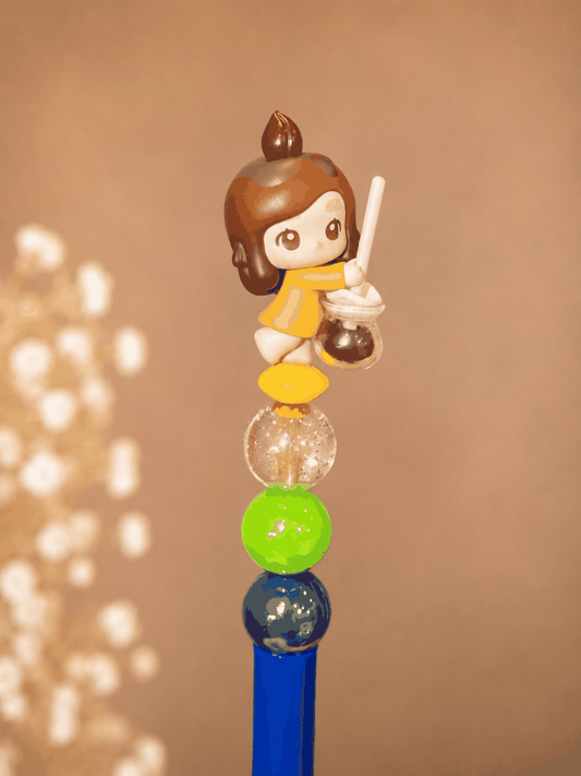 Authentic Chaka Coffee Pop Bean pen with collectible figure and coffee-themed beads on blue pen body