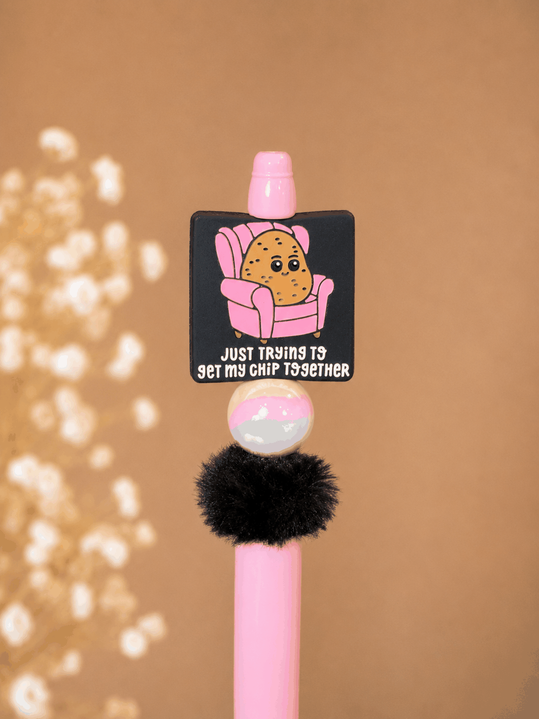 Just Trying to Get My Chip Together beaded pen with chip character topper, black pom-pom, and iridescent beads, handmade black ink pen, cute motivational office gift