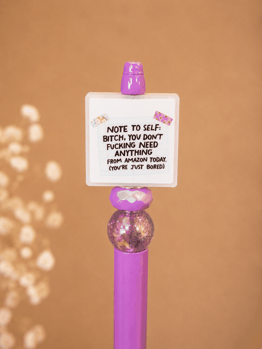 Note to Self Beaded Pen with purple beads and funny shopping message topper, handmade black ink pen for planners and office use