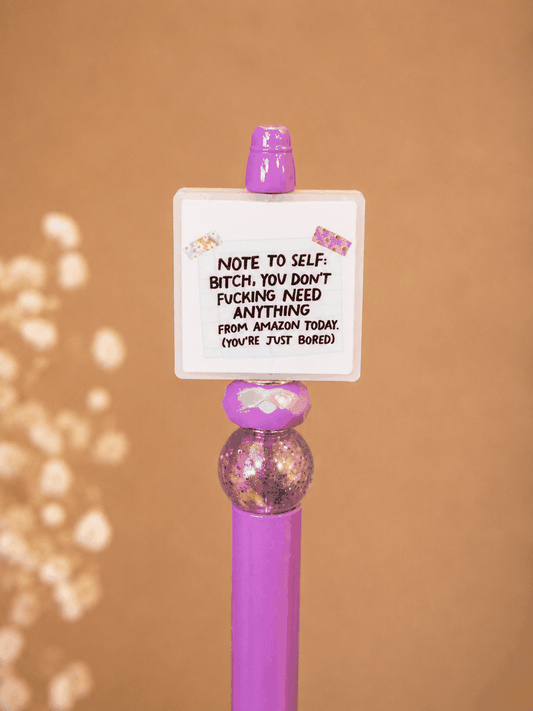 Note to Self Beaded Pen with purple beads and funny shopping message topper, handmade black ink pen for planners and office use