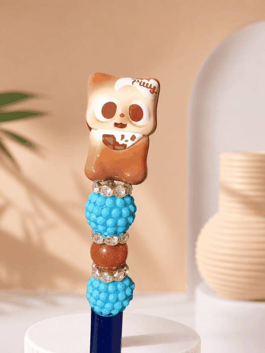 Handmade Pitty Pop Bean figure topper pen with beaded design and rhinestone accents
