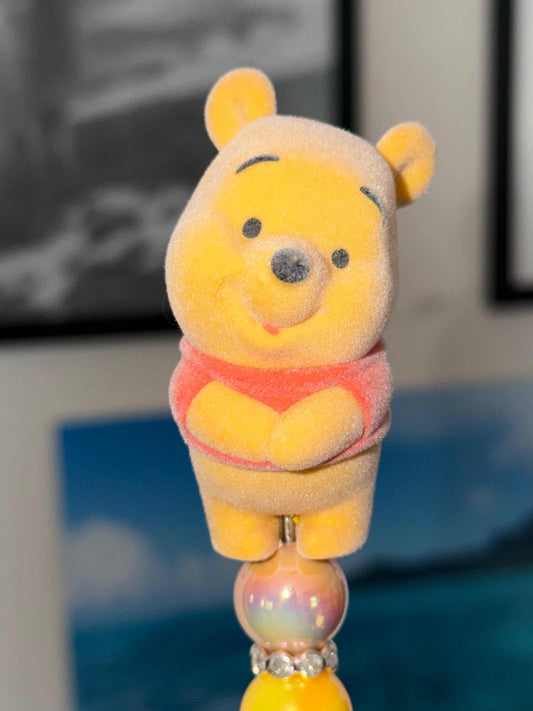 Handmade Winnie the Pooh Bean Beaded Pen with yellow beads and rhinestone spacers, Disney-inspired cute desk accessory
