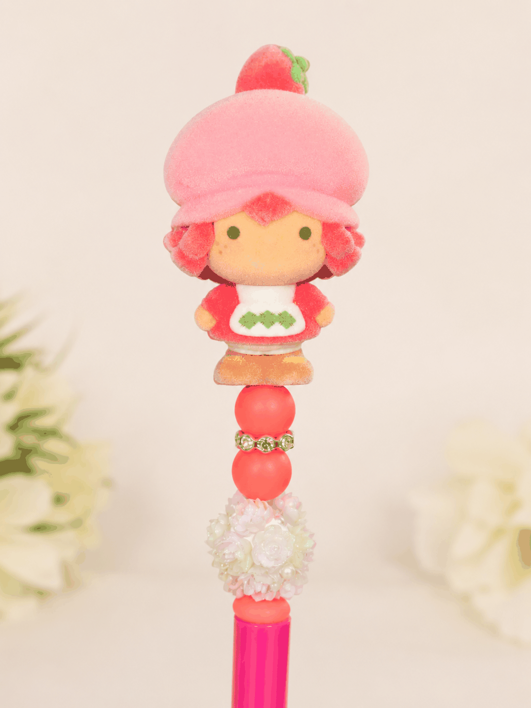 Handmade Strawberry Shortcake beaded pen with pink beads and floral accents, cute desk accessory