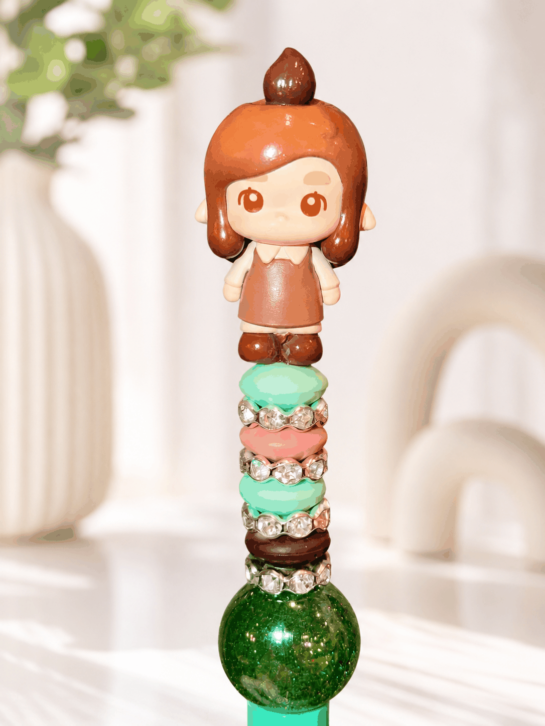 Handmade Chaka Authentic Pop Bean beaded pen with mint, pink beads, rhinestones, and emerald green focal bead