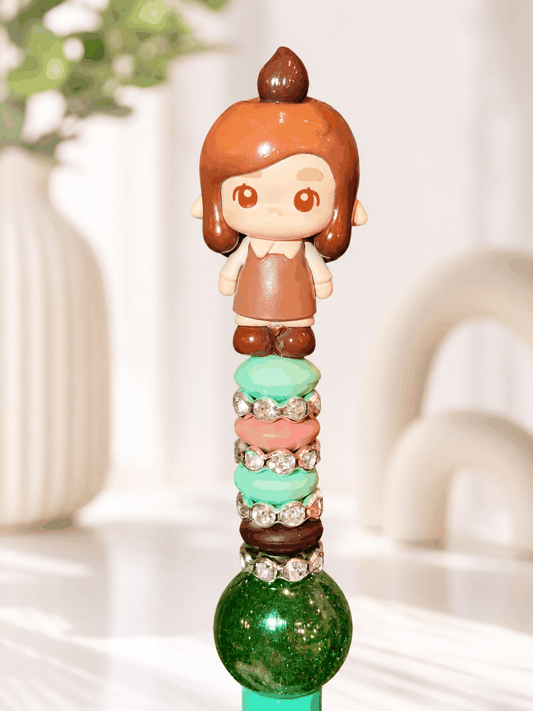 Handmade Chaka Authentic Pop Bean beaded pen with mint, pink beads, rhinestones, and emerald green focal bead