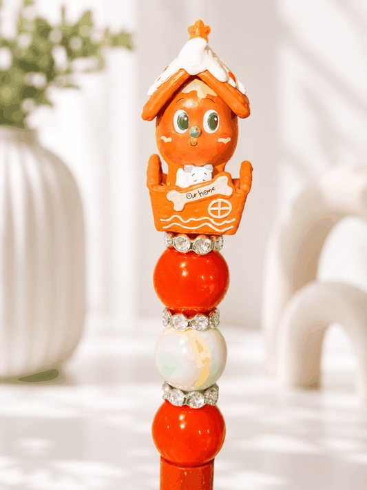 Handmade Twinkle Twinkle Pop Bean beaded pen with orange beads and rhinestone spacers, kawaii collectible writing accessory