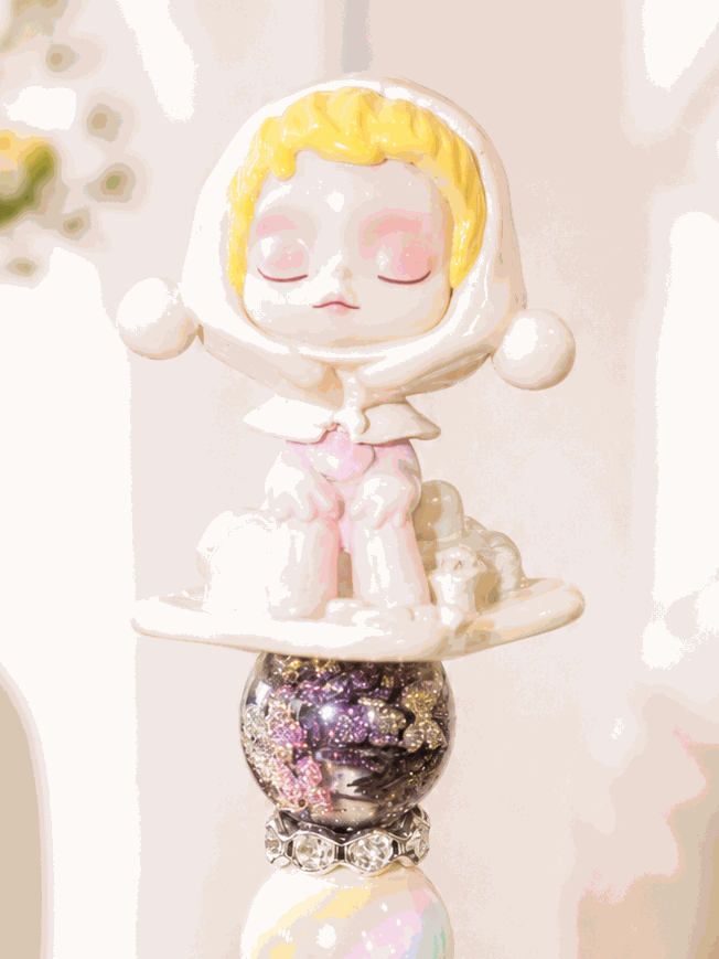Handmade Sleeping Winter Dream Figure Beaded Pen with rhinestones and pastel beads, black gel ink