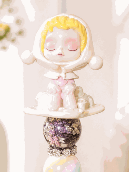 Handmade Sleeping Winter Dream Figure Beaded Pen with rhinestones and pastel beads, black gel ink