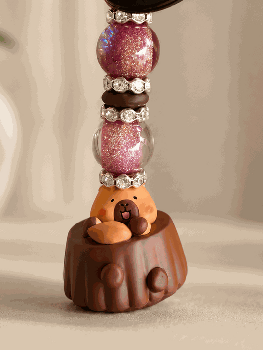 Cozy capybara beaded keychain with glitter beads and black metal ring, handmade kawaii bag charm