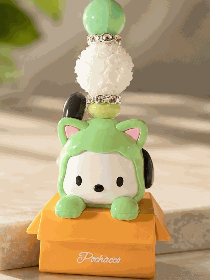 Authentic Pochacco bean bag charm keychain featuring a Pochacco character in a green cat costume with mint green beads, floral bead accents, rhinestone spacers, and a silver keyring displayed on a professional neutral background.
