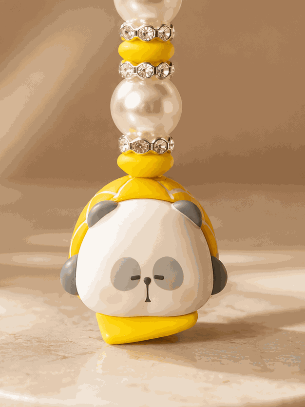 Authentic Mr. Pa bean bag charm keychain with yellow beads and pearl accents, handmade panda character design
