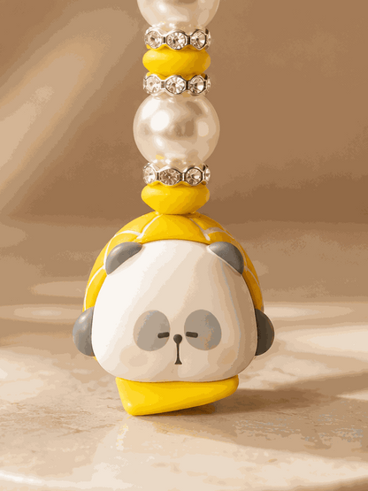 Authentic Mr. Pa bean bag charm keychain with yellow beads and pearl accents, handmade panda character design