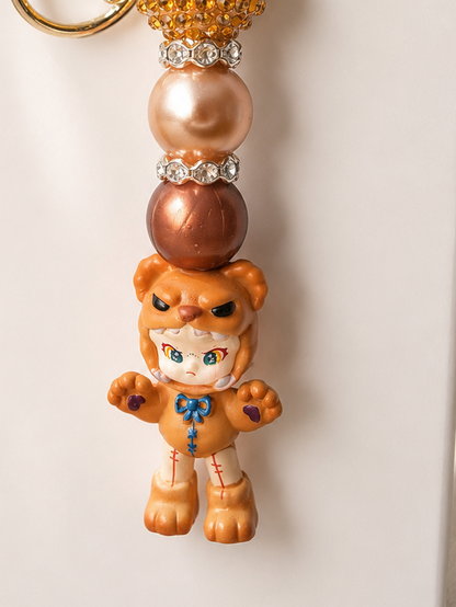 Dora Bean beaded keychain with caramel pearls, rhinestones, and crystal charm, handmade teddy bear bag accessory