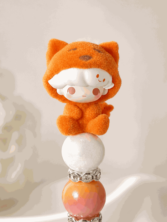 Pop Mart DIMOO Pop Bean Tiger beaded pen with orange flocked figure on iridescent beads, cute kawaii desk accessory and gift