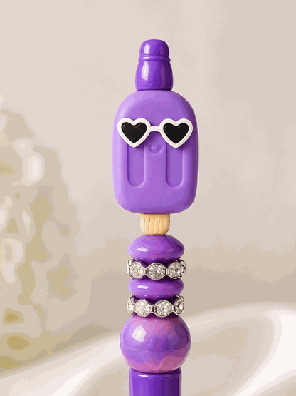 Cool Popsicle Focal Bead Pen with heart sunglasses and purple beads, cute kawaii summer desk accessory