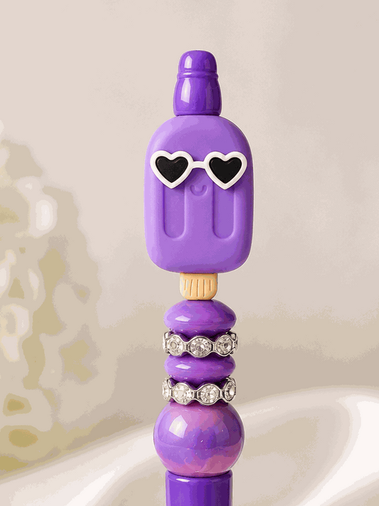 Cool Popsicle Focal Bead Pen with heart sunglasses and purple beads, cute kawaii summer desk accessory