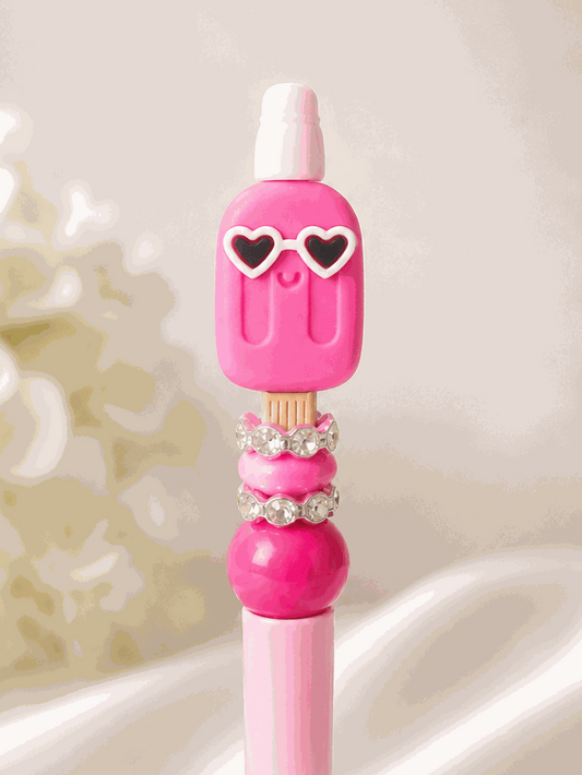 Hot pink popsicle bead pen with heart-shaped sunglasses and pink beads, cute kawaii summer desk accessory