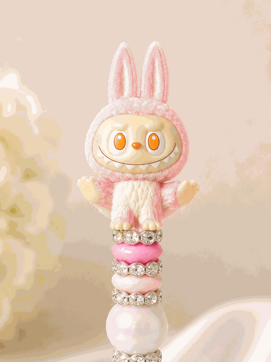 Yoga Bu Bu Beaded Pen with pink bunny Labubu figure and bead stack, cute desk accessory for Pop Mart fans