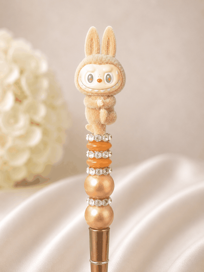 Yoga Bu Bu Beaded Pen | Brown Collector Pen | Neutral Aesthetic Kawaii Pen | Luxury Gold Desk Accessory | Gift for Pop Mart Fan