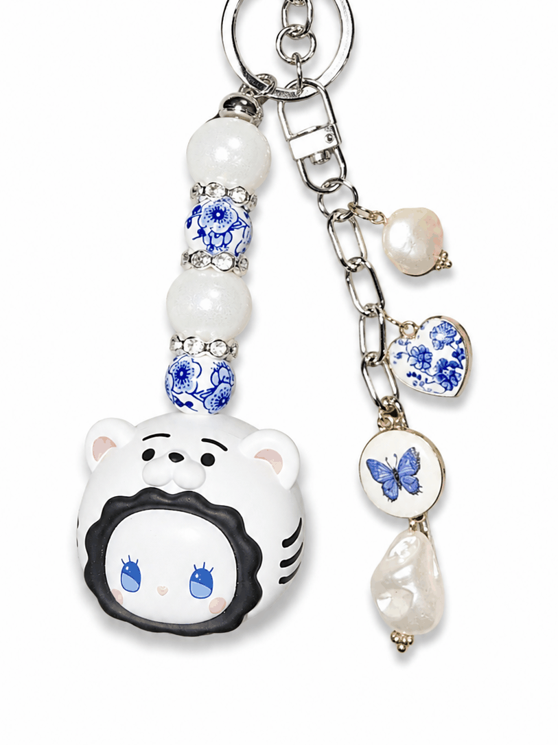 Emma Bean Bag Charm keychain with freshwater pearls and blue porcelain accents