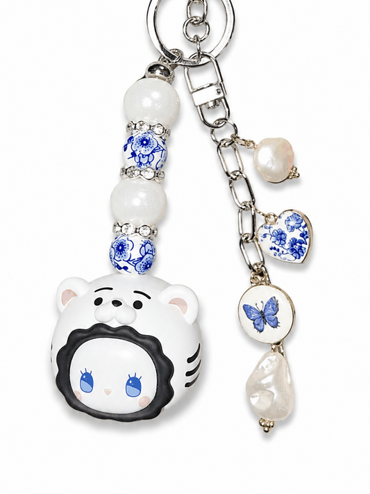 Emma Bean Bag Charm keychain with freshwater pearls and blue porcelain accents