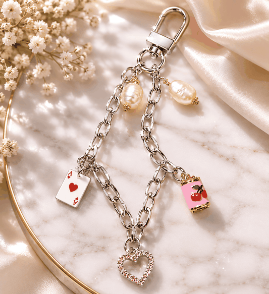 Cherry & Ace of Hearts bag charm keychain with freshwater pearls and pink crystal heart accessory