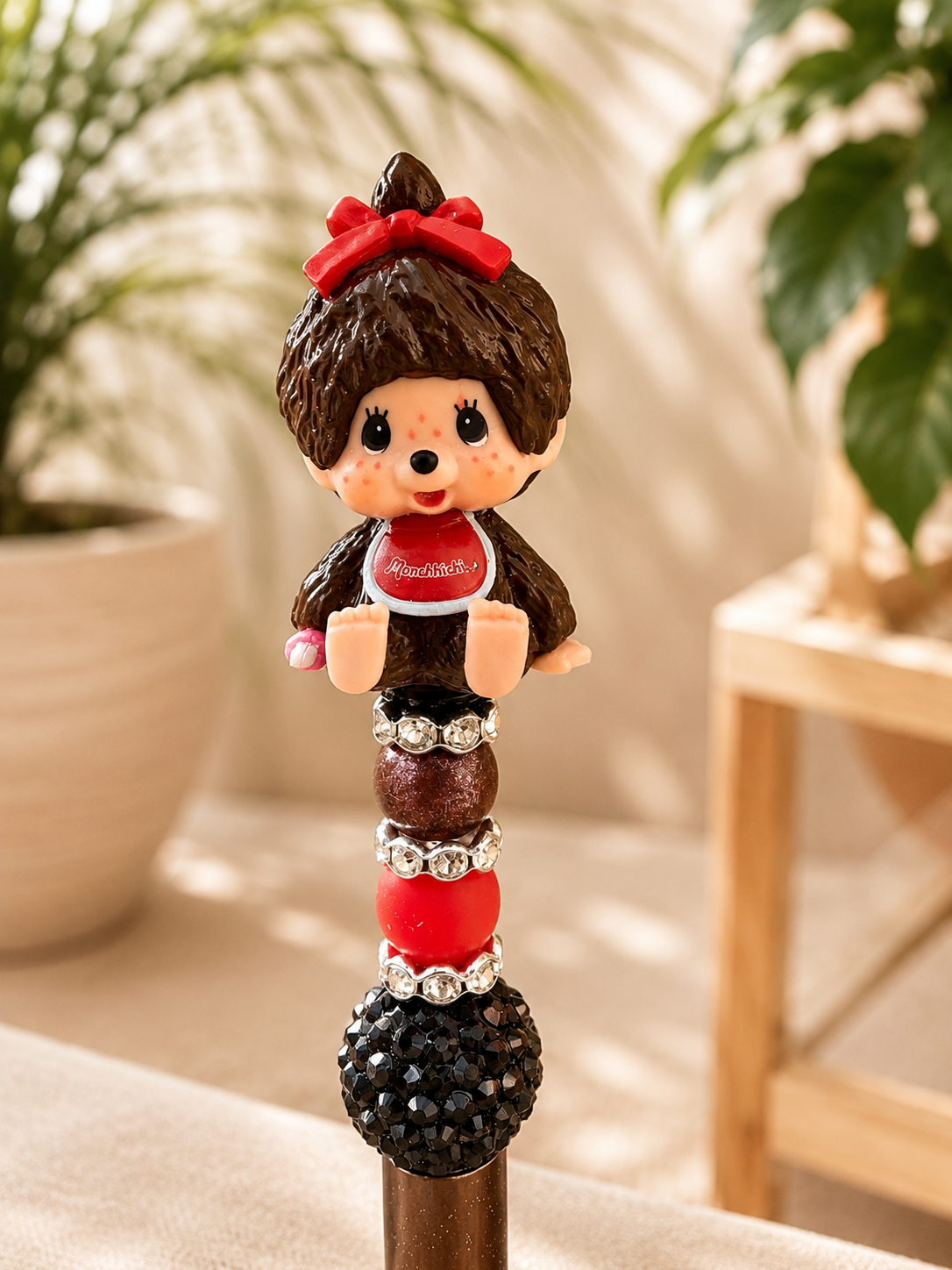 Authentic Monchhichi Girl handmade beaded pen with red bow and rhinestones
