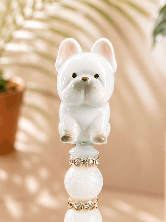 Authentic Meichai French Bulldog white beaded ballpoint pen with rhinestone spacers and blue barrel