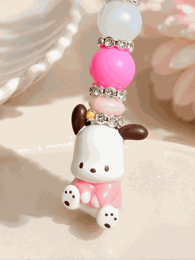 Authentic Pochacco beaded bag charm keychain with pink outfit and rhinestone spacers handcrafted Sanrio accessory
