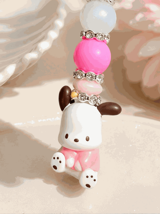 Authentic Pochacco beaded bag charm keychain with pink outfit and rhinestone accents, handmade Sanrio accessory