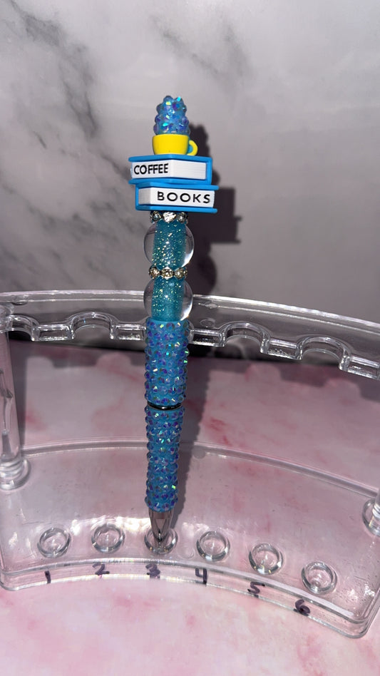Coffee & Books Beaded Pen – Refillable Black Ink Pen for Book Lovers