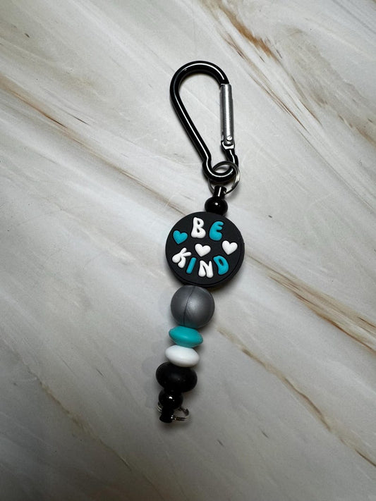 Blue, White, and Grey Be Kind Keychain with Black Carabiner Clip