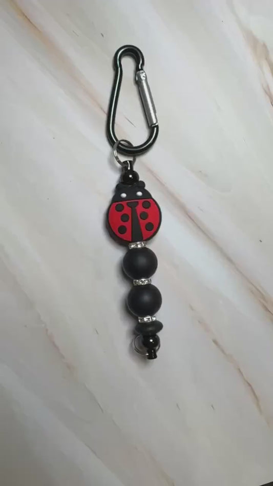 Lady Bug (Red and Black) Keychain with Black Carabiner Clip