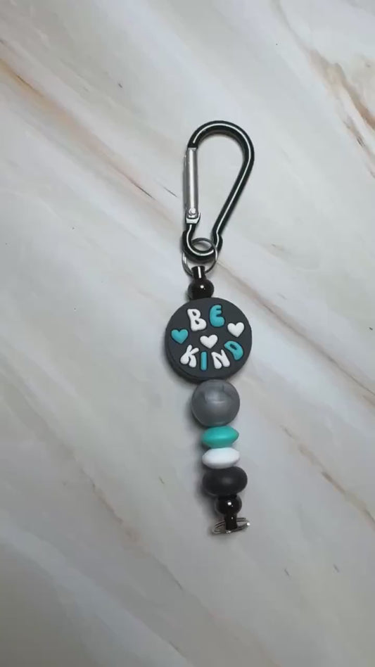 Blue, White, and Grey Be Kind Keychain with Black Carabiner Clip